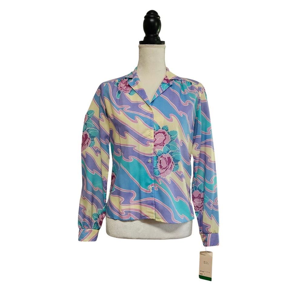 NWT Vintage 70s Retro Pastel Floral Print Button Front Top Sz XS‎ Artsy Dopamine